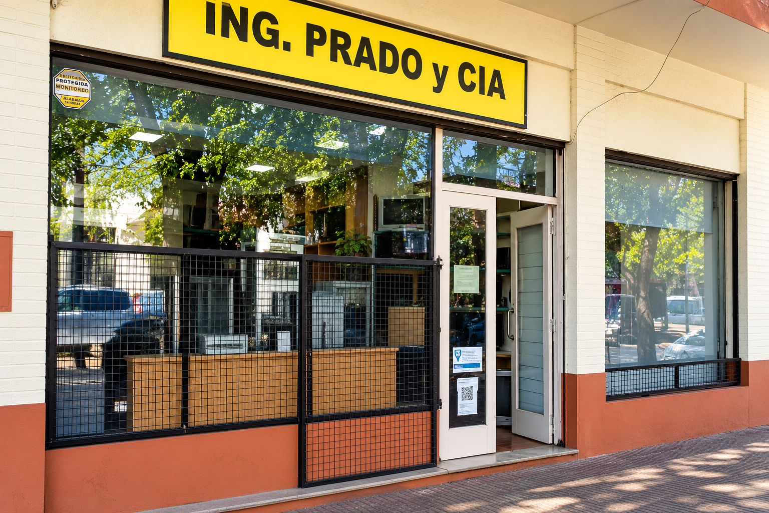 Fachada de ING. PRADO Y CIA, con su cartel amarillo y la entrada del local en Sarmiento 1830, Posadas.